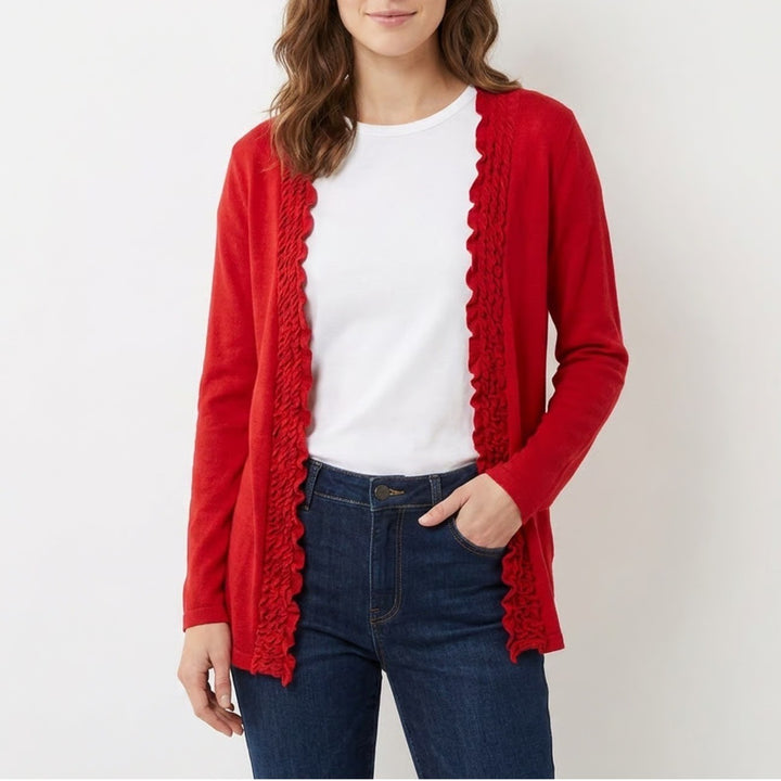 Lavish Red Ruffle Trim Open Front Cardigan Long Sleeve Lightweight Knit Sweater