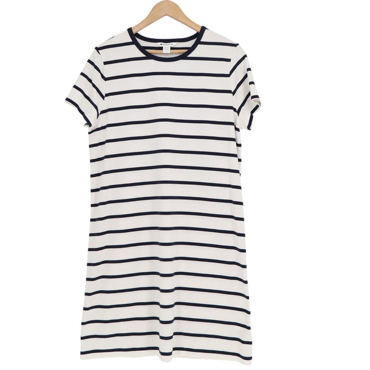 Athleta T-Shirt Dress Women L White Blue Striped Crew Neck Short Sleeve Pullover
