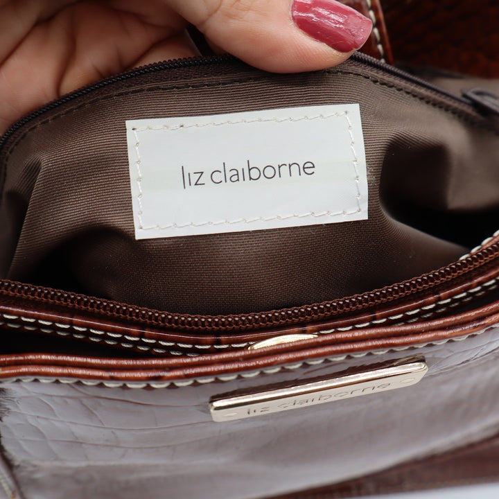 Liz Claiborne Tote Bag Women's Large Croc Embossed Brown Patent Faux Leather