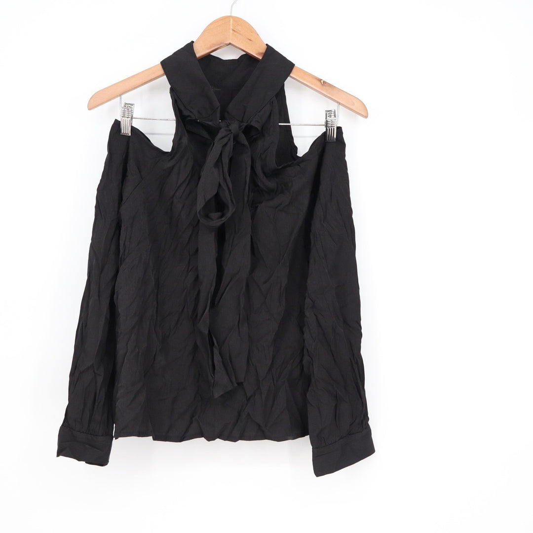 SHEIN Black Cold Shoulder Halter Tie Neck Long Sleeve Blouse Top Size L US 8/10