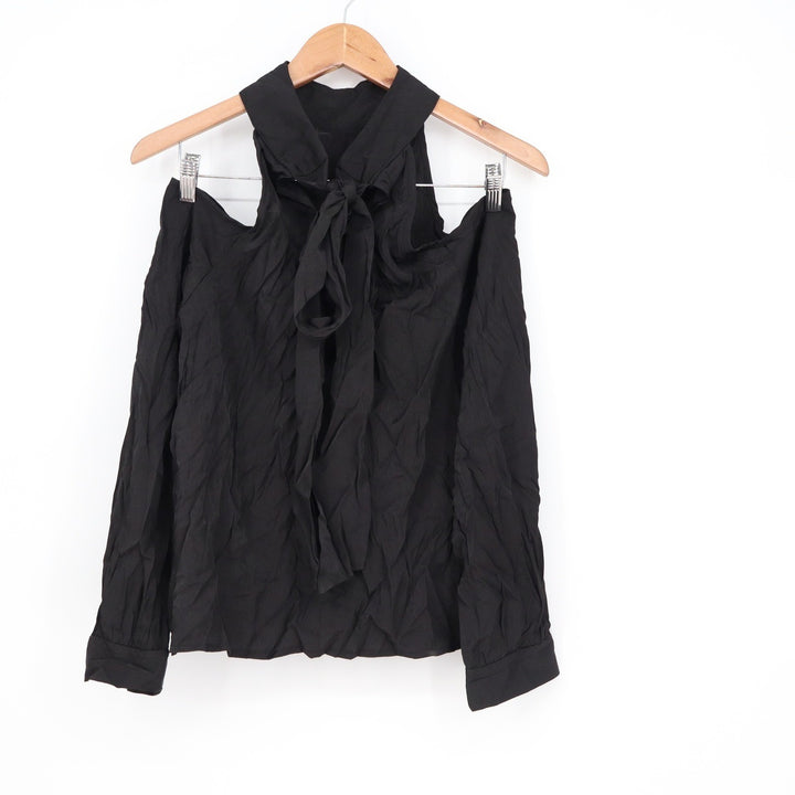 SHEIN Black Cold Shoulder Halter Tie Neck Long Sleeve Blouse Top Size L US 8/10