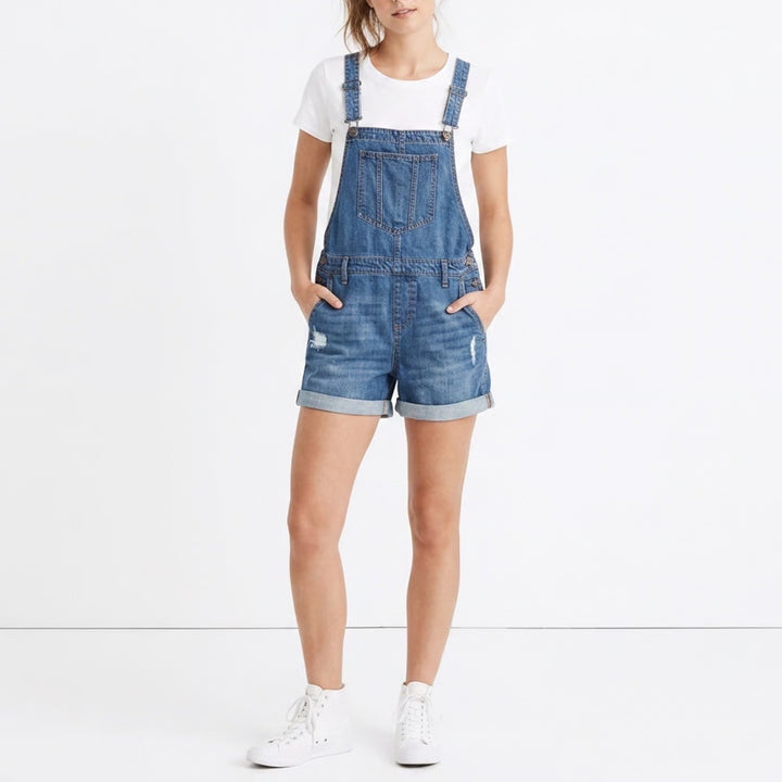 Old Navy Womens Medium Wash Distressed Denim Shortalls Overalls Size L