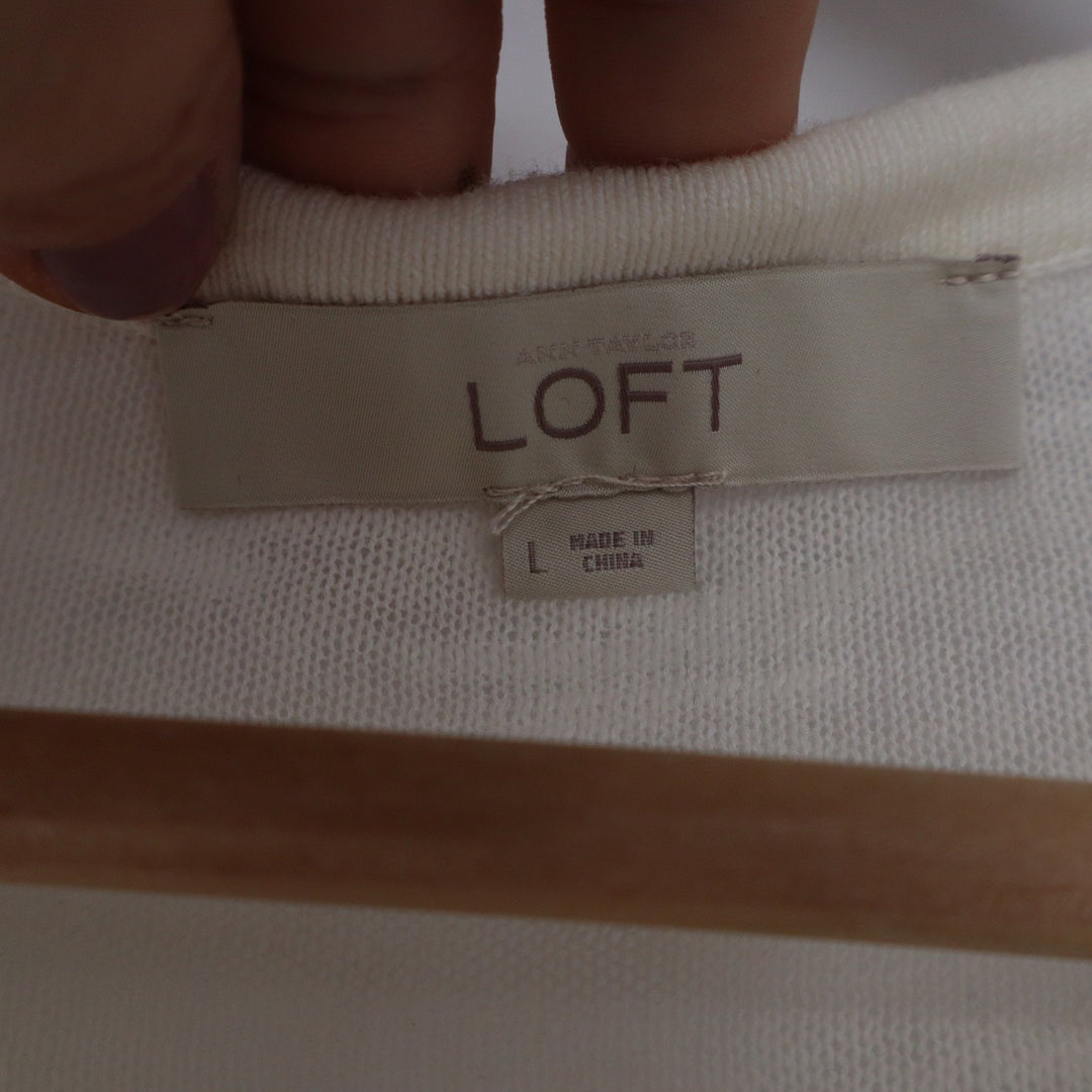 Ann Taylor LOFT Cream Cotton Slub Knit Split Tie Neck 3/4 Sleeve Sweater Large