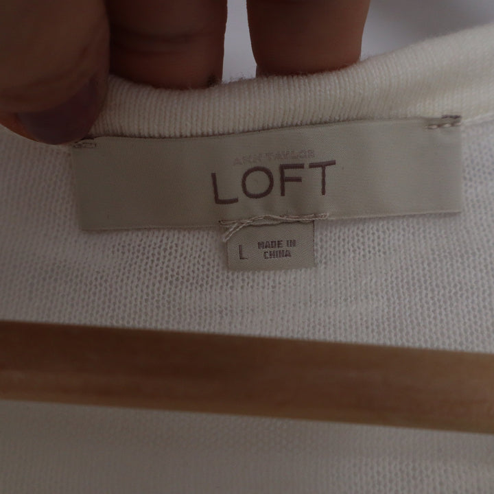 Ann Taylor LOFT Cream Cotton Slub Knit Split Tie Neck 3/4 Sleeve Sweater Large