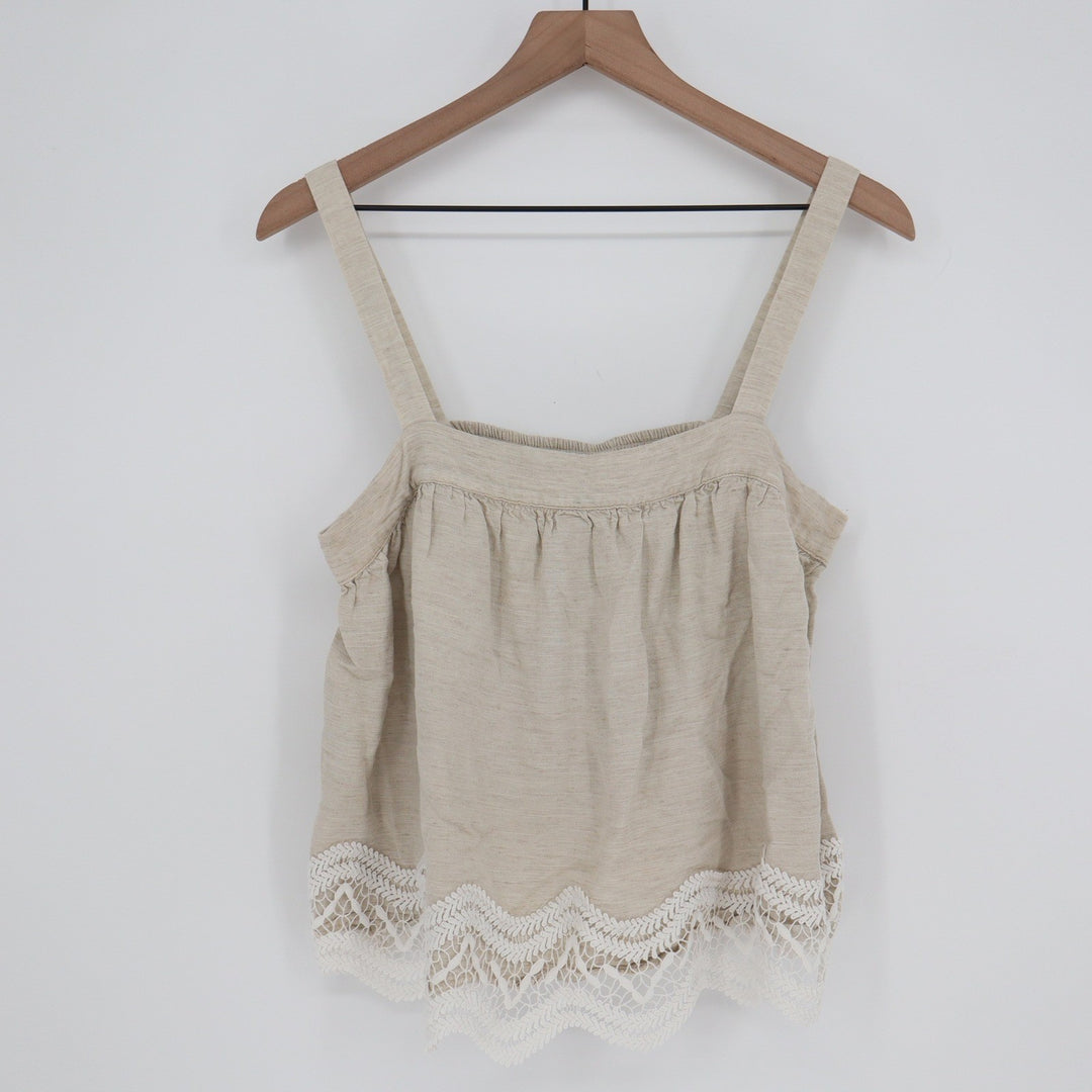 Parker Oatmeal Linen Blend Crochet Lace Hem Smocked Camisole Top Beige Medium