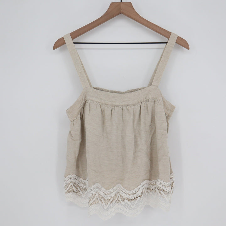 Parker Oatmeal Linen Blend Crochet Lace Hem Smocked Camisole Top Beige Medium