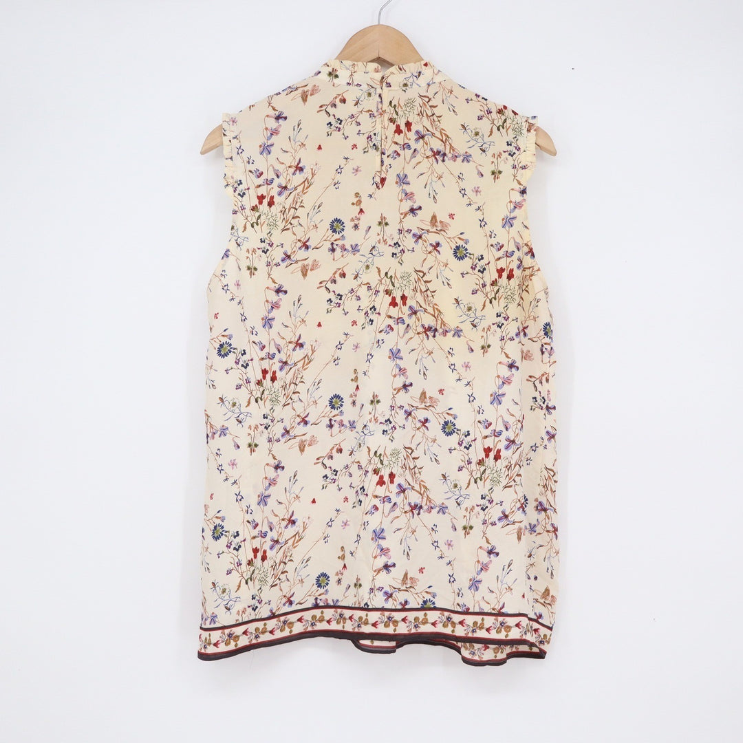 Max Studio Cream Floral Smocked High Neck Sleeveless Blouse Ruffle Top L