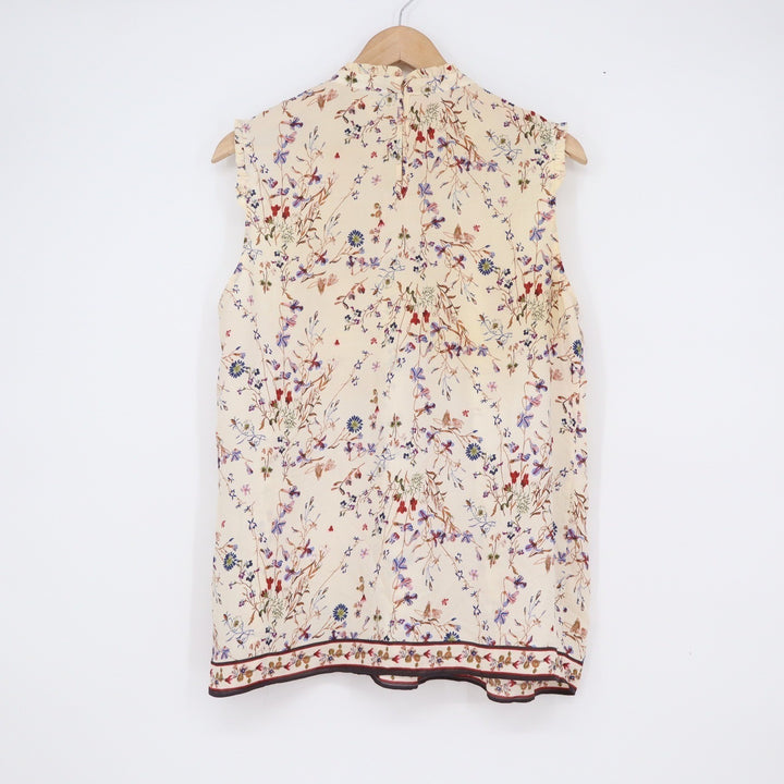 Max Studio Cream Floral Smocked High Neck Sleeveless Blouse Ruffle Top L