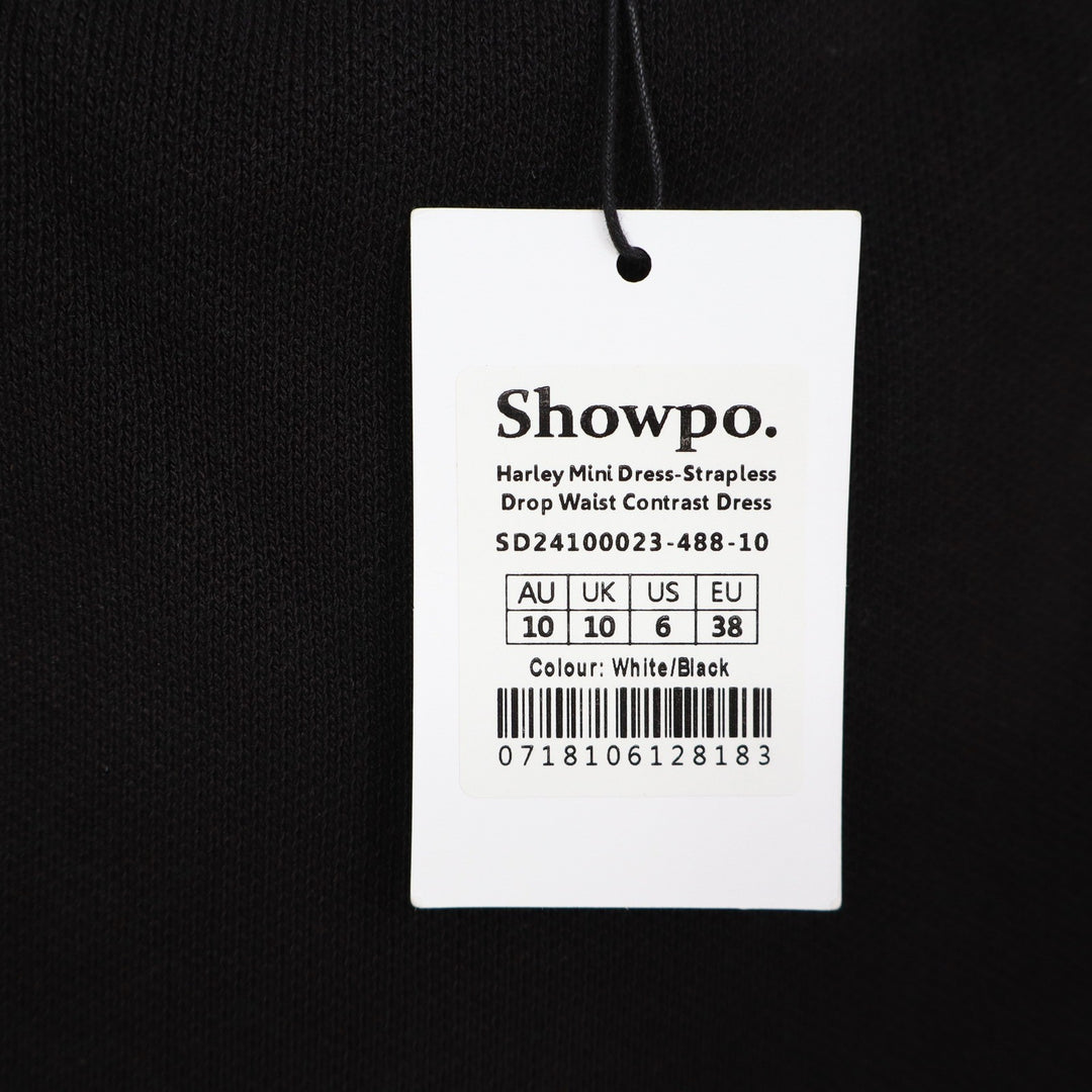 Showpo Harley Mini Dress Strapless Drop Waist Contrast Puff Skirt Black Cream 6