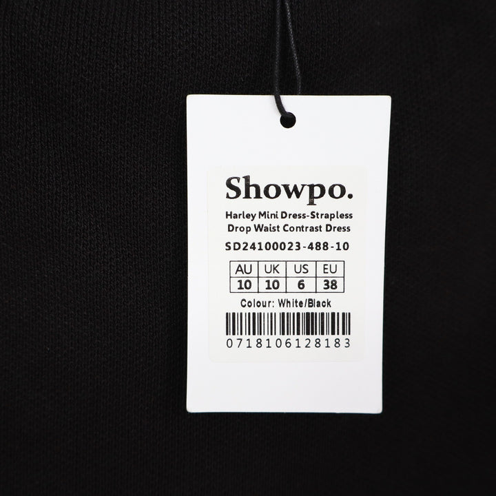 Showpo Harley Mini Dress Strapless Drop Waist Contrast Puff Skirt Black Cream 6