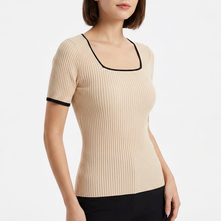 Zesica Ribbed Top Womens Large Beige Knit Square Neck Contrast Trim Short Sleeve