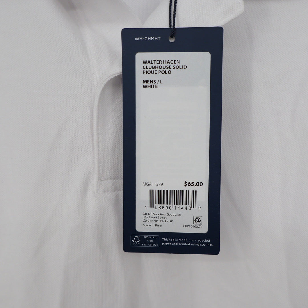 Walter Hagen Mens Clubhouse Solid Pique Polo White Short Sleeve Shirt Size L NEW