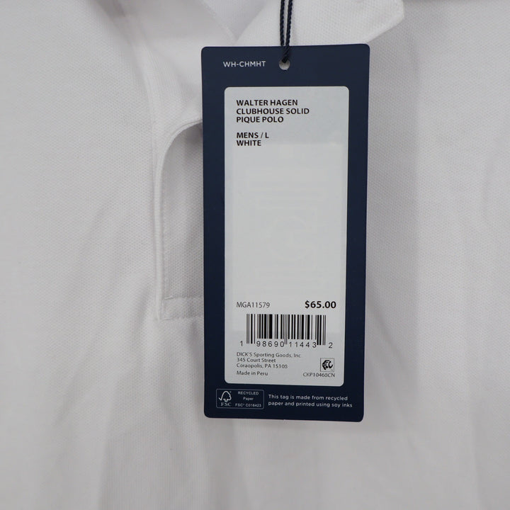 Walter Hagen Mens Clubhouse Solid Pique Polo White Short Sleeve Shirt Size L NEW