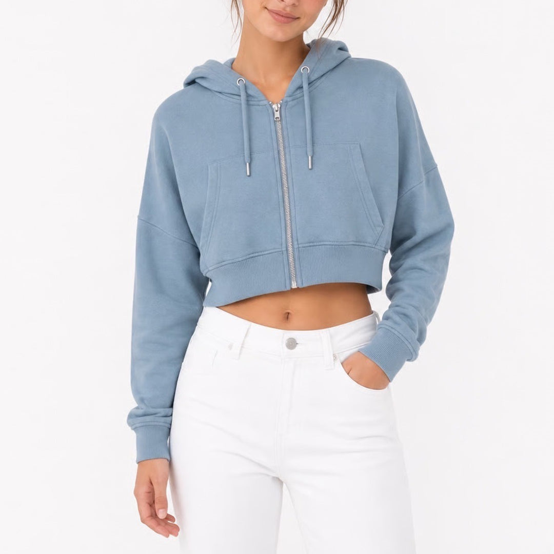 Week-end Womens Cropped Zip Up Hoodie Blue Long Sleeve WN8467 Medium