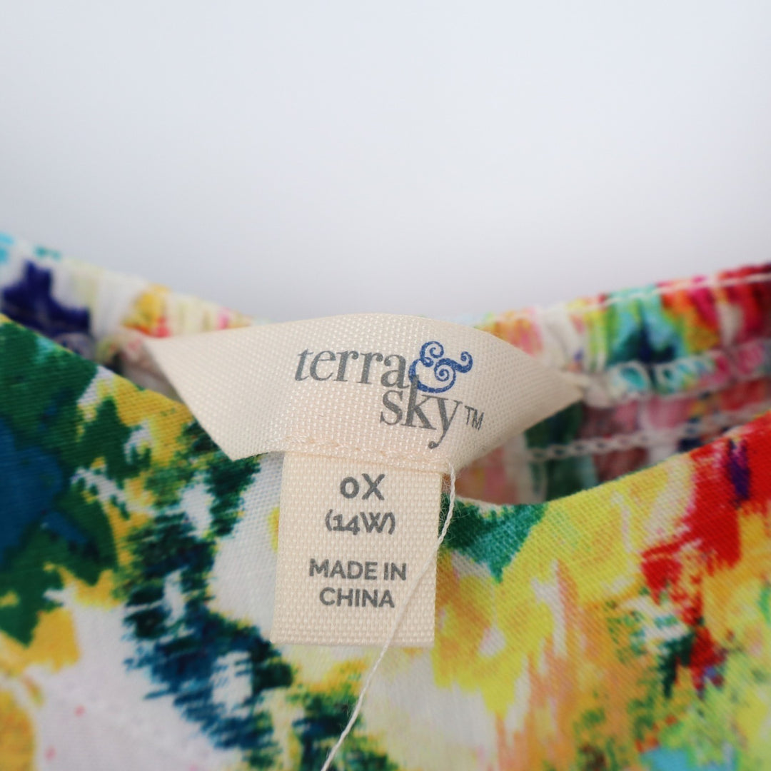 Terra & Sky Maxi Dress Womens 0X (14W) Multicolor Geometric Pleated Smocked Back