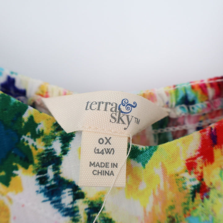 Terra & Sky Maxi Dress Womens 0X (14W) Multicolor Geometric Pleated Smocked Back