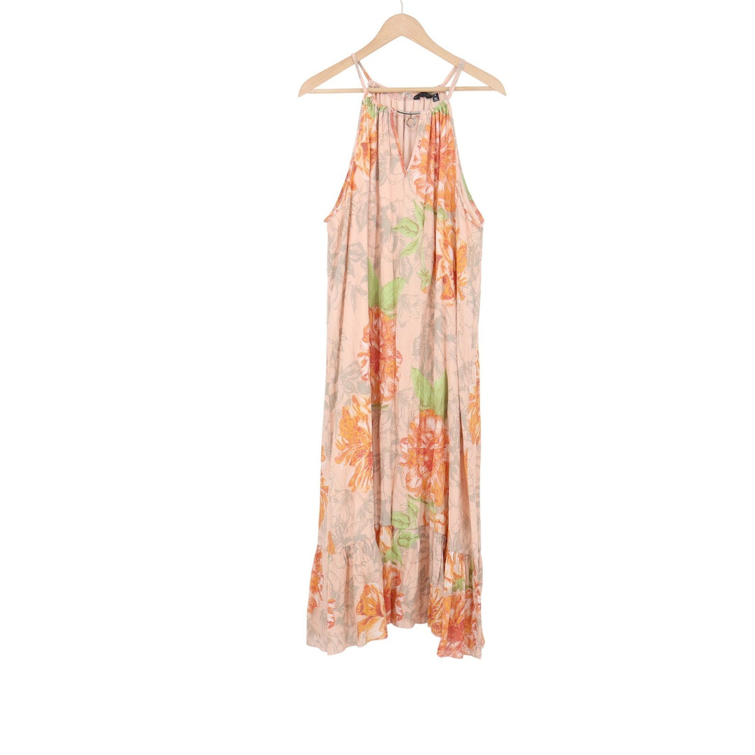 Mlle Gabrielle Dress Womens 2X Maxi Peach Orange Floral Halter Ruffle Excellent