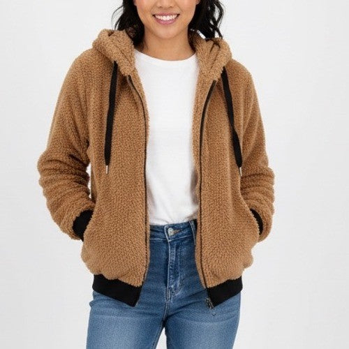 Blu Pepper Fuzzy Teddy Bear Fleece Zip Up Hoodie Jacket Brown Size M