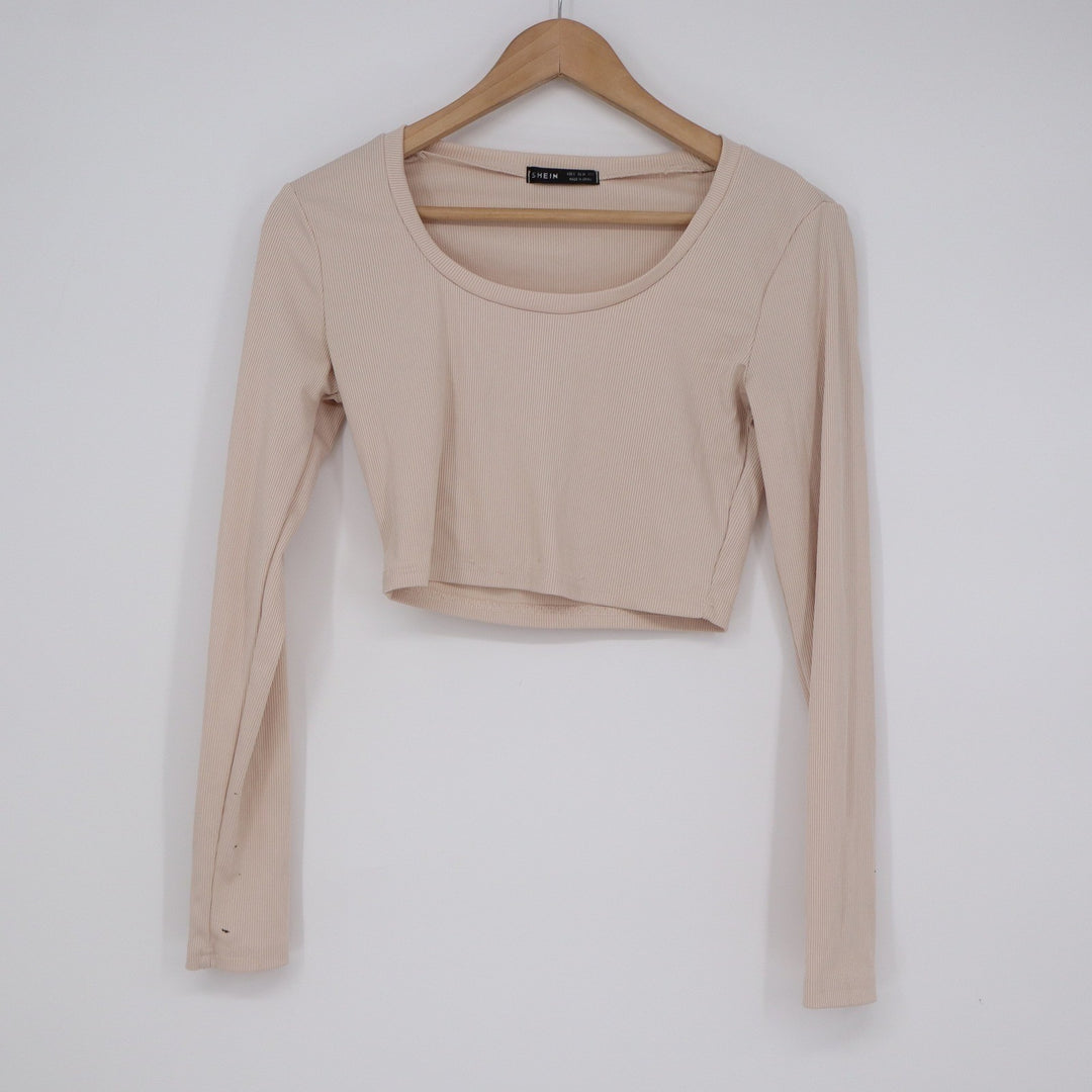 SHEIN Beige Ribbed Long Sleeve Scoop Neck Crop Top Size S Small