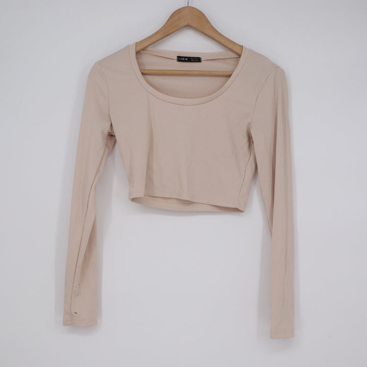 SHEIN Beige Ribbed Long Sleeve Scoop Neck Crop Top Size S Small