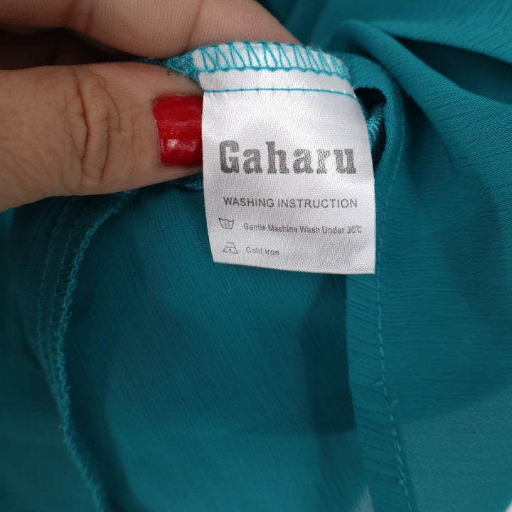 Gaharu Teal Chiffon Layered Blouse Short Flutter Sleeve Pleated Top XXL