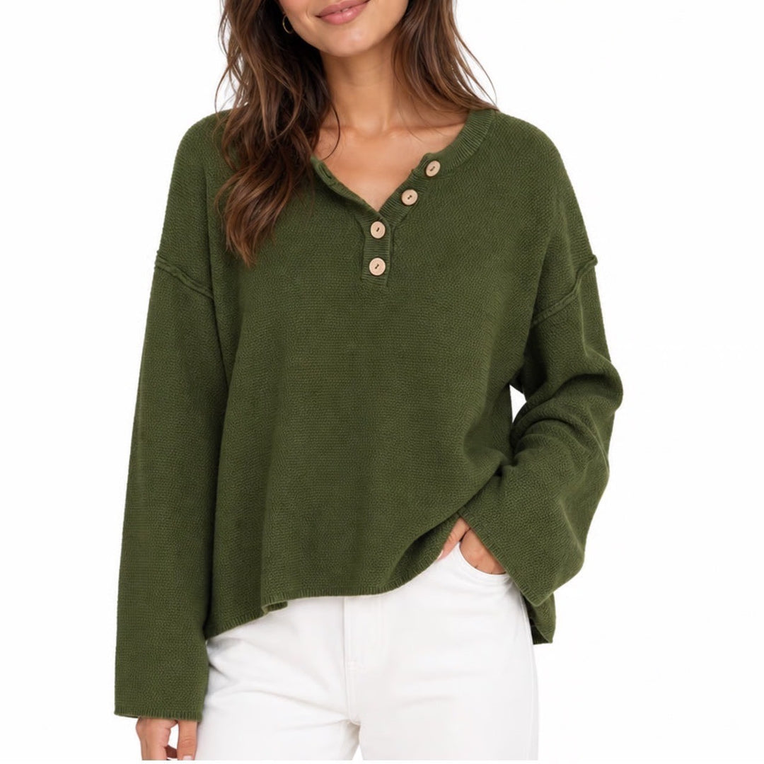 LILLUSORY Womens Olive Green Textured Henley Sweater LS055-A124 Wood Buttons M