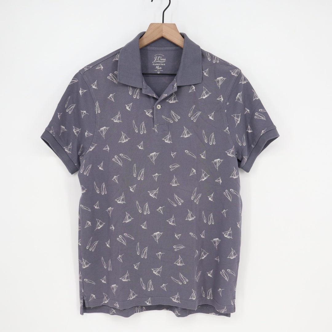J.Crew Classic Polo Shirt Mens Medium Gray Boat Print Knit Golf Spread Collar