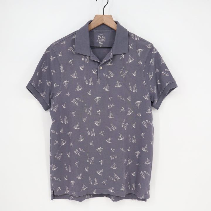 J.Crew Classic Polo Shirt Mens Medium Gray Boat Print Knit Golf Spread Collar