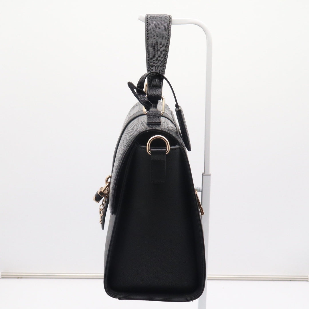 Aldo Black Croc Lizard Embossed Top Handle Satchel Bag Gold Padlock Detail