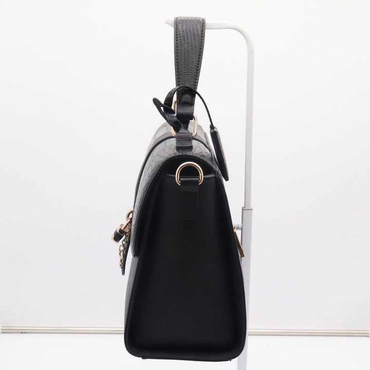 Aldo Black Croc Lizard Embossed Top Handle Satchel Bag Gold Padlock Detail