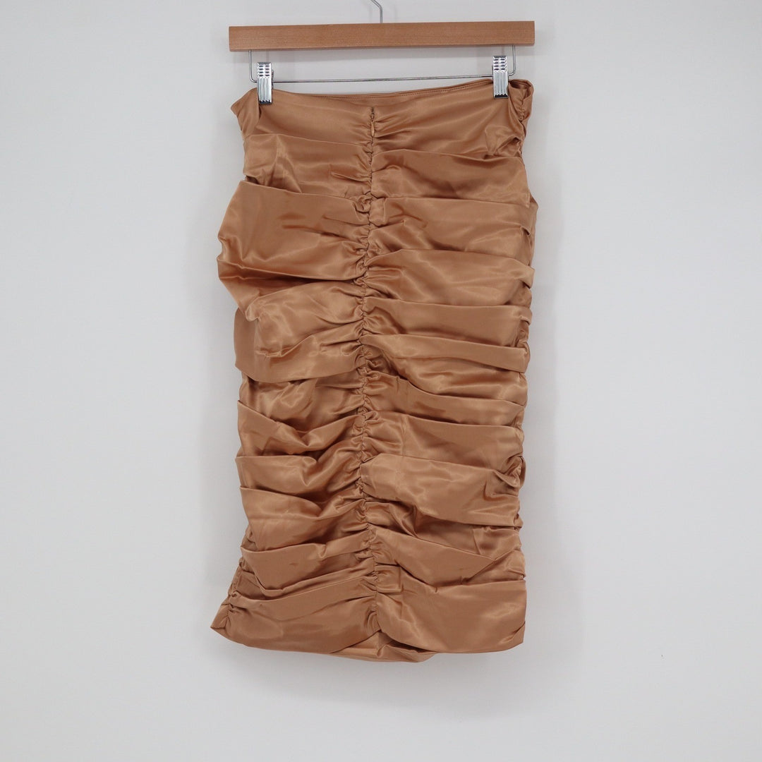 Naked Wardrobe The Statement Ruched Midi Skirt Bronze Satin Large NEW