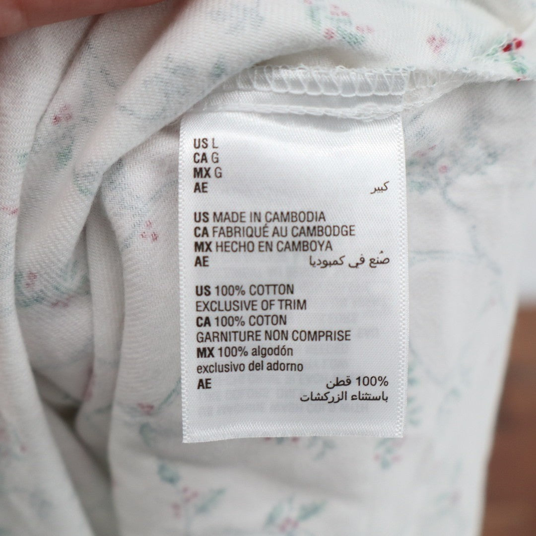 Charter Club Flannel Pajamas Top Womens Large White Floral Cotton Button Front