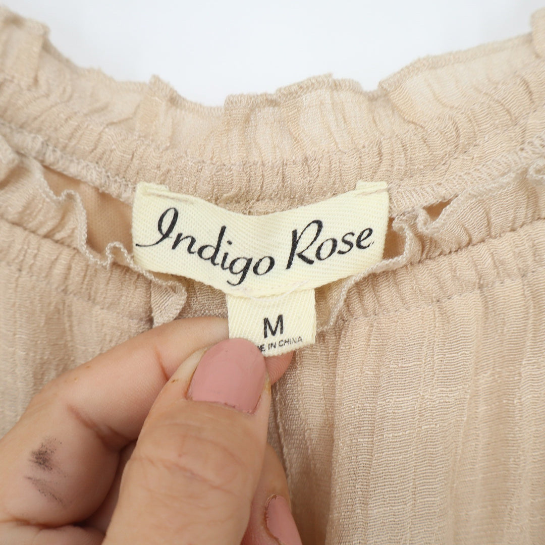 Indigo Rose Beige Eyelet Lace Cap Sleeve Ruffle Hem Boho Mini Dress Womens