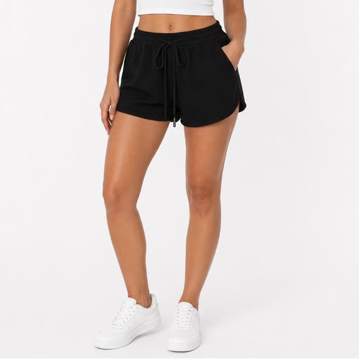 Shorts Womens Medium Black Waffle Knitted Ribbed Slash Pockets Drawstring Waist