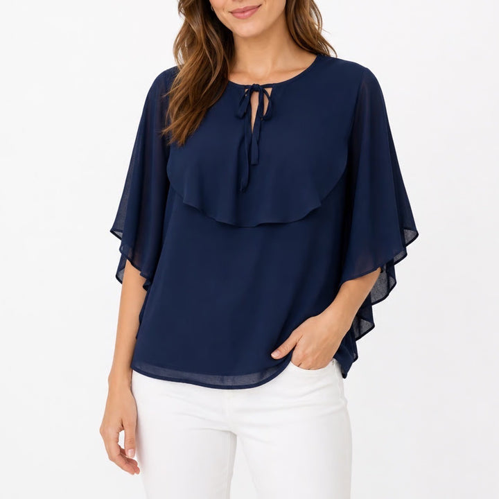 Fantabulous Navy Blue Tie Neck Cape Overlay Chiffon Blouse XL Butterfly Sleeve