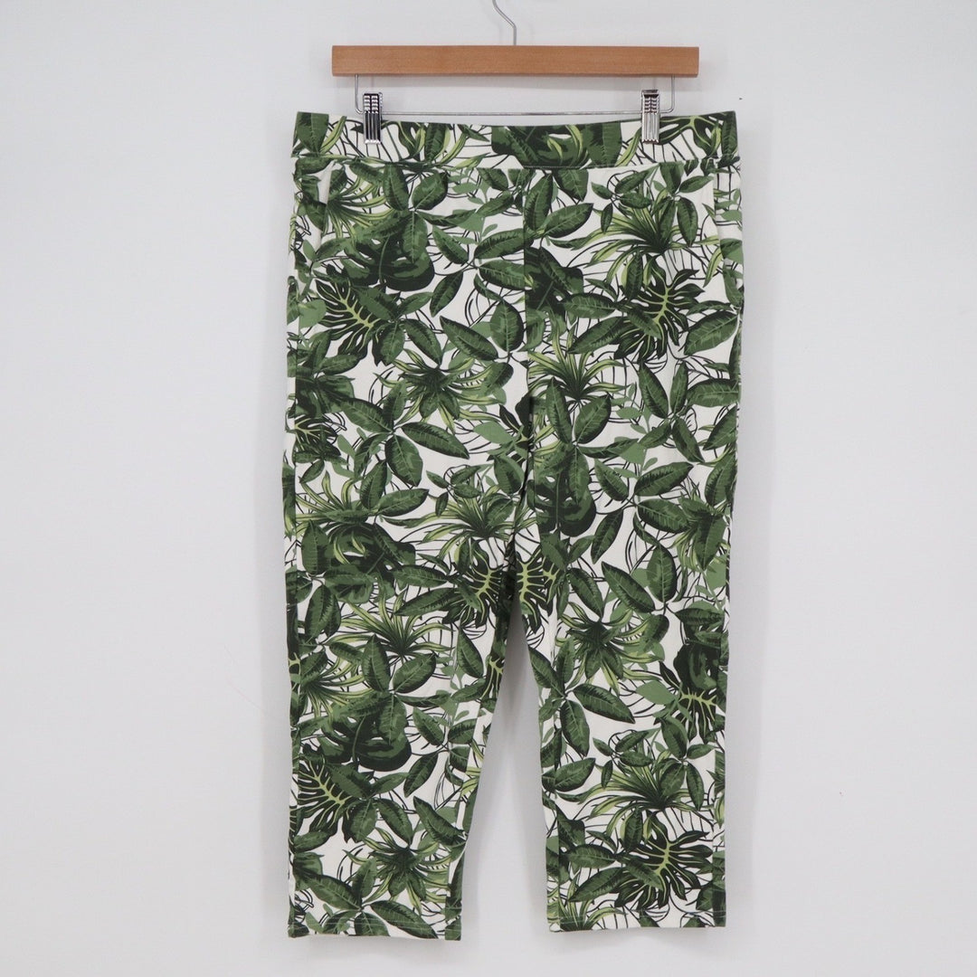 Denim & Co Green White Tropical Leaf Print Cropped Pants Womens Size M