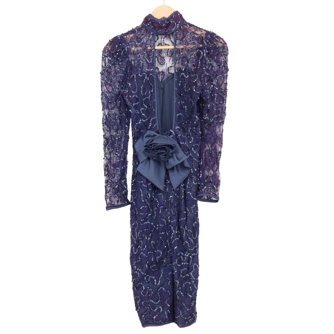 Jessica McClintock Vintage 80s Navy Sequin Lace Open Back Bow Dress Size 6 11508