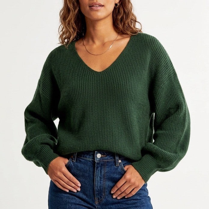 Shein Frenchy Sweater Women Medium Green Ribbed Knit Long Sleeve V-Neck Pullover