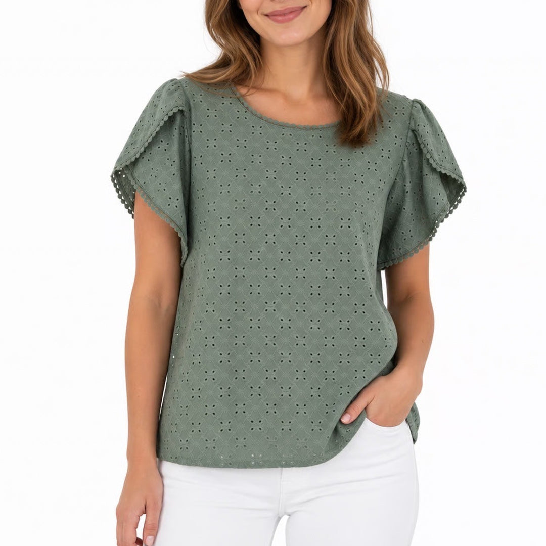 Shein Curve 4XL Sage Green Eyelet Flutter Sleeve Scoop Neck Blouse