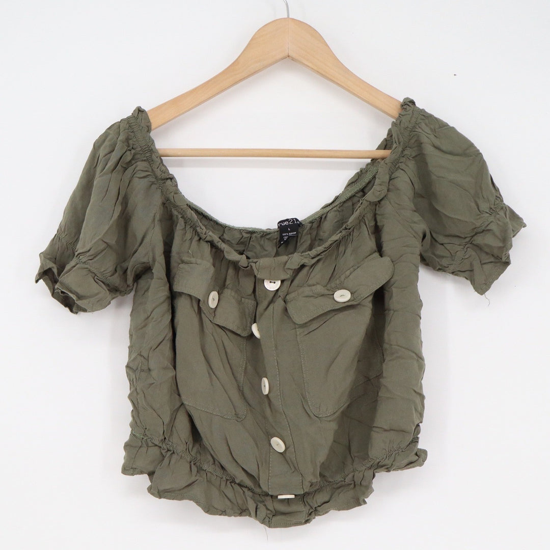 rue21 Womens Olive Green Off The Shoulder Button Front Crop Top Blouse Large