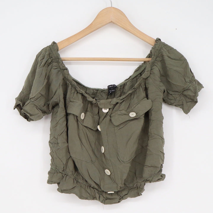 rue21 Womens Olive Green Off The Shoulder Button Front Crop Top Blouse Large
