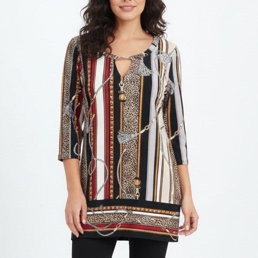 White House Black Market Tunic Top Womens Medium Multicolor Stretch Split Neck