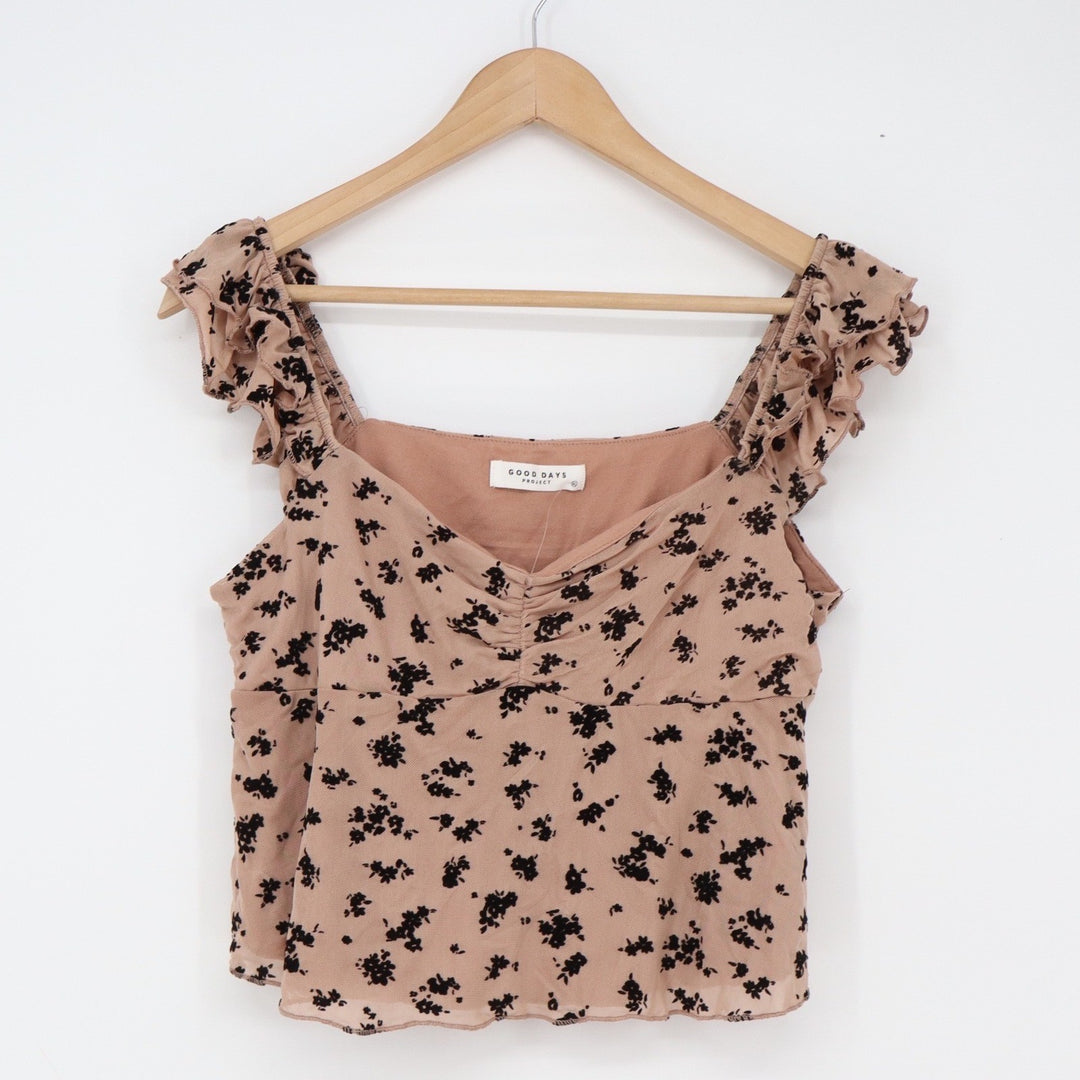 Good Days Project Tank Top Womens XL Tan Floral Ruffle Excellent