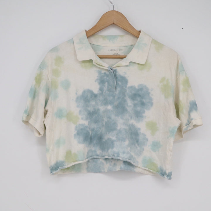 American Eagle Womens Small Blue Green Tie Dye Cropped Polo Shirt Raw Hem Cotton