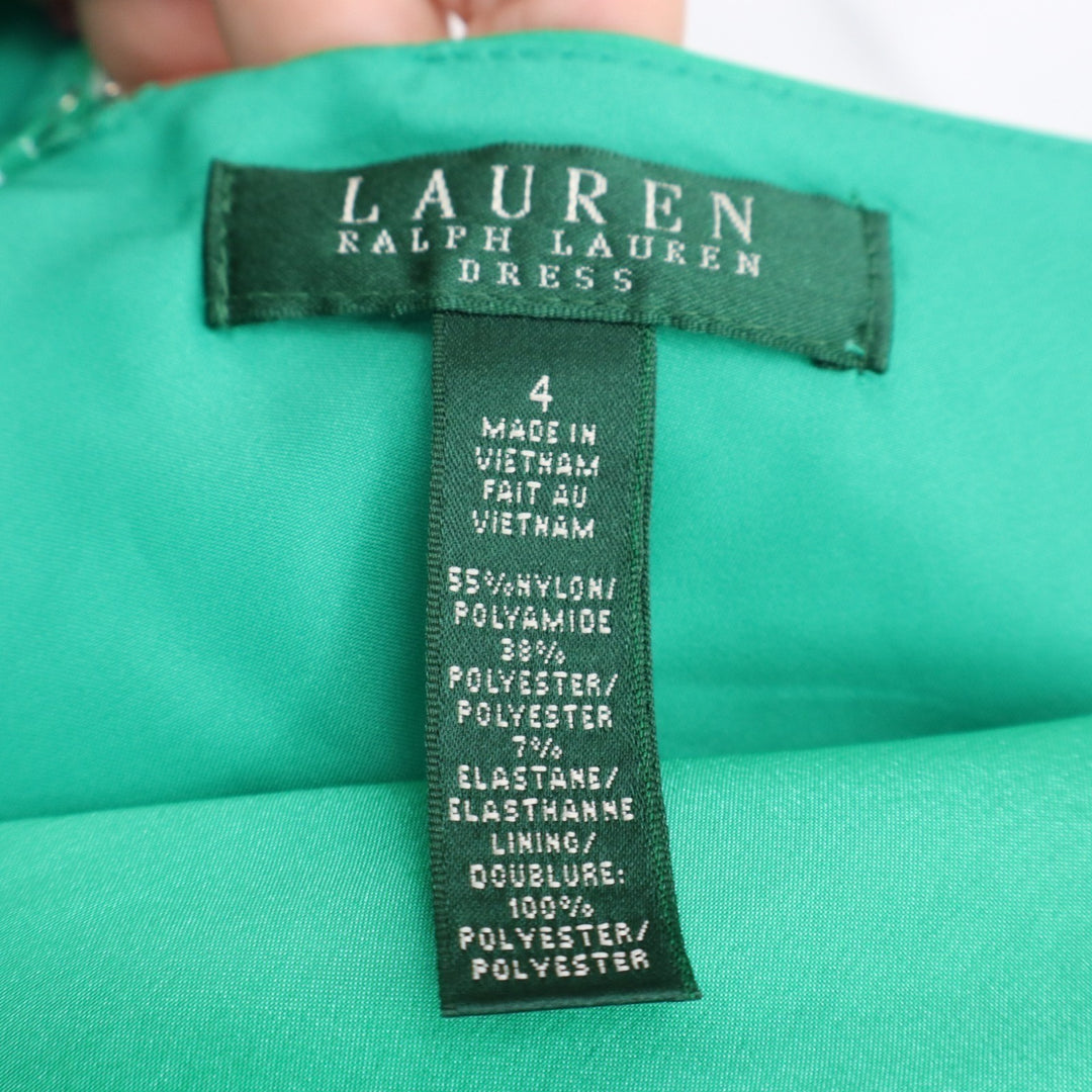 Lauren Ralph Lauren Mini Dress Womens 4 Green Pleated Back Zip V-Neck Front Slit