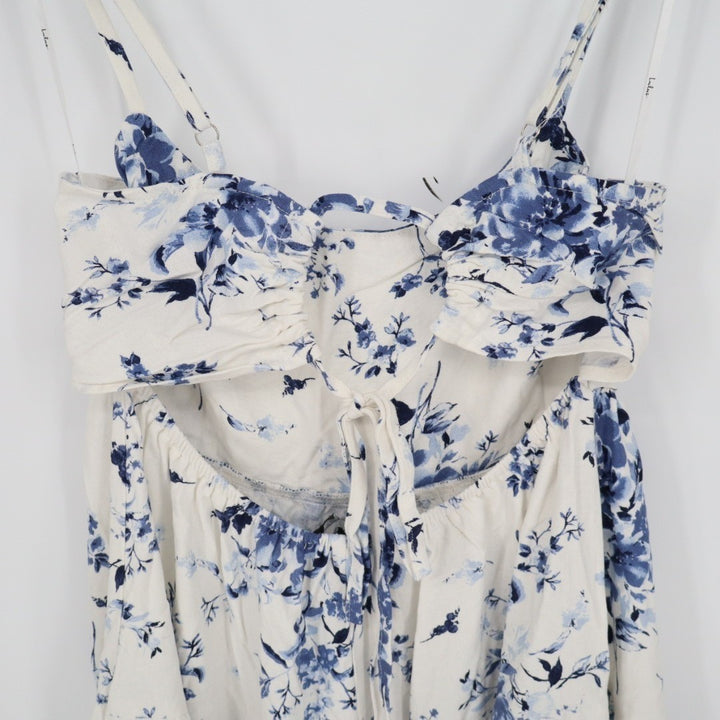 Lulus Mykonos Mood Tiered Midi Dress Womens S Navy Blue Floral Linen Tie-Strap