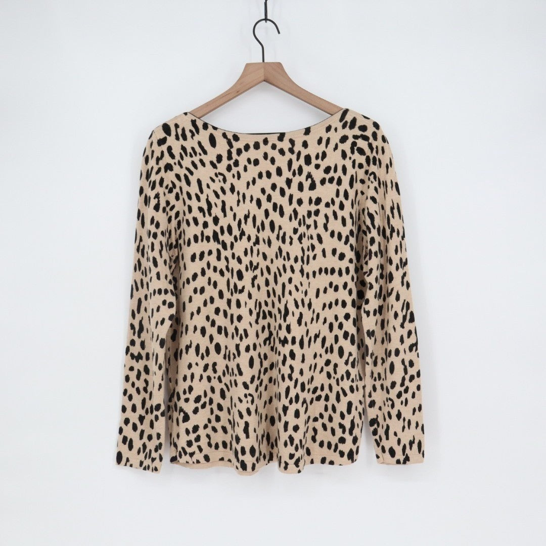 Chicos Sweater Womens Beige Black Knitted Leopard Print Boat Neck Long Sleeve