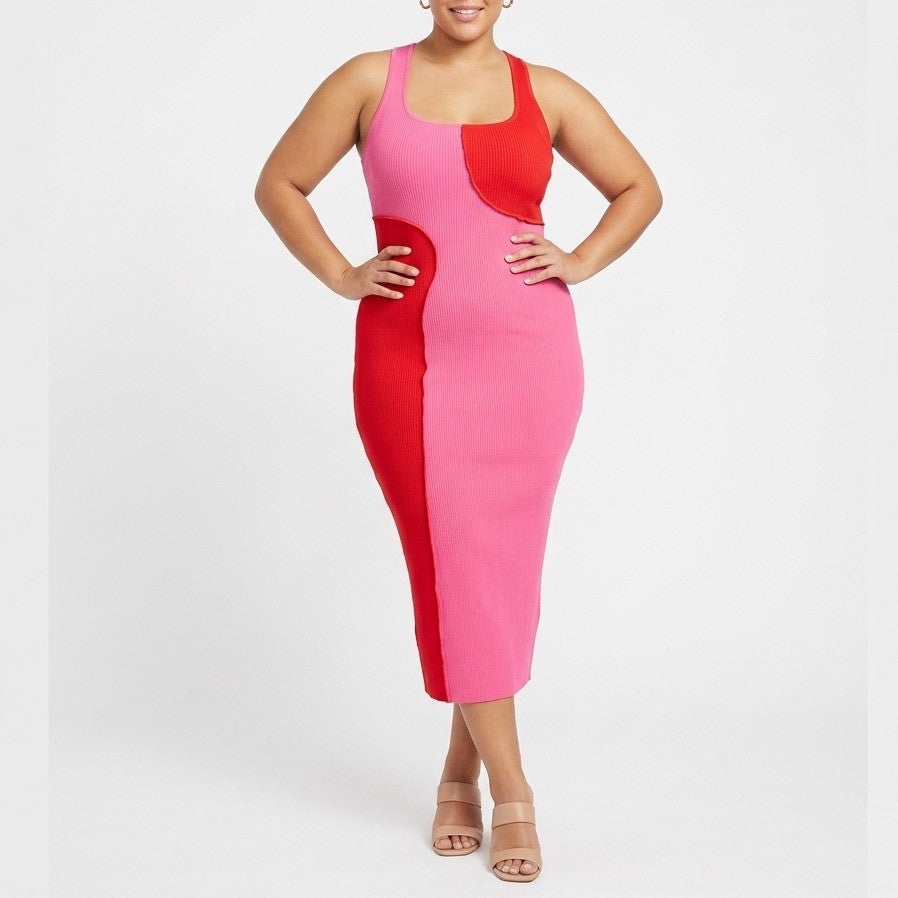 Naked Wardrobe Pink Red Colorblock Ribbed Midi Dress Womens Large
