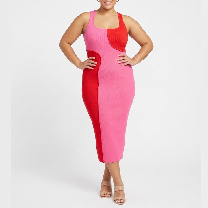 Naked Wardrobe Pink Red Colorblock Ribbed Midi Dress Womens Large