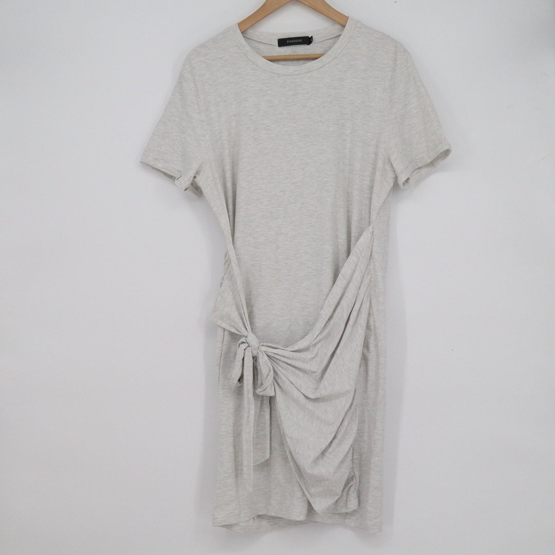 Fashion Womens XL Heather Gray Side Tie Knot T-Shirt Dress Short Sleeve Mini
